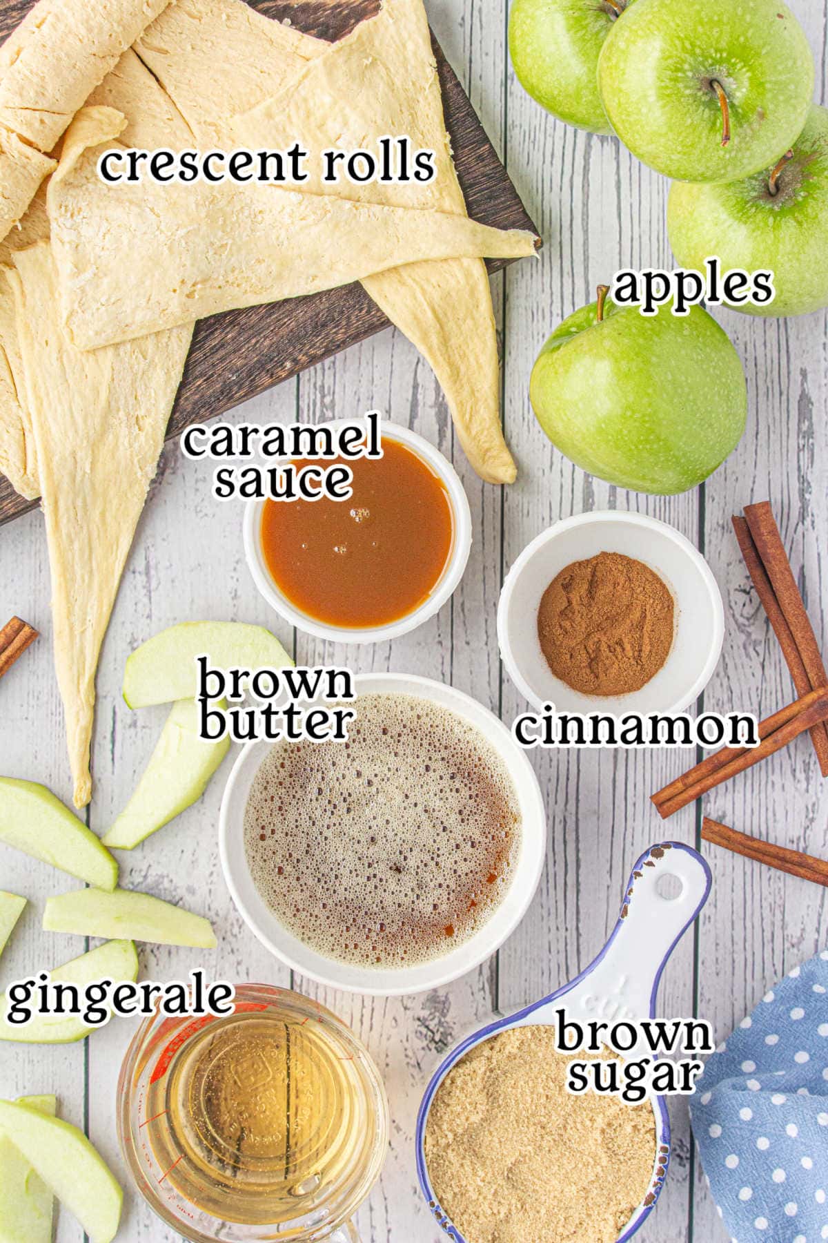 Labeled ingredients for crescent roll apple dumplings.