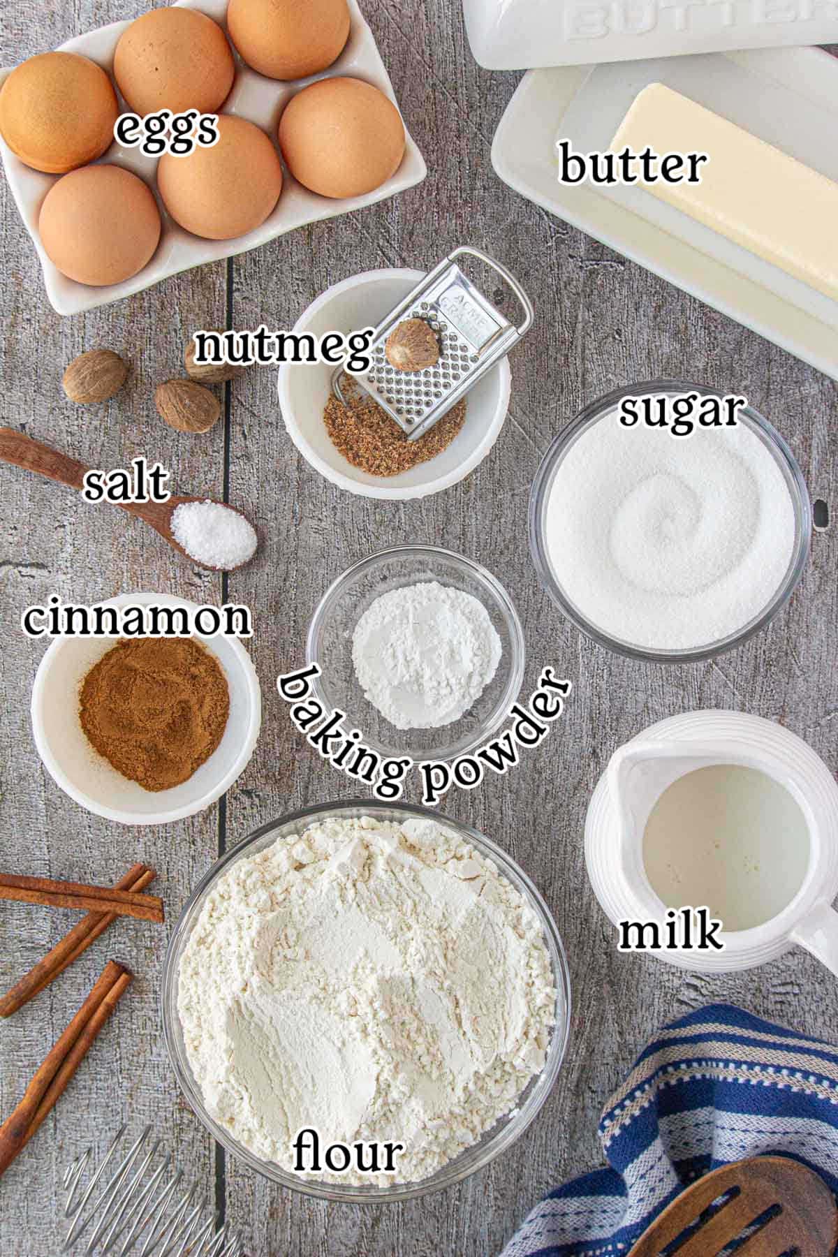 An overhead view of the recipe ingredients with text labels.