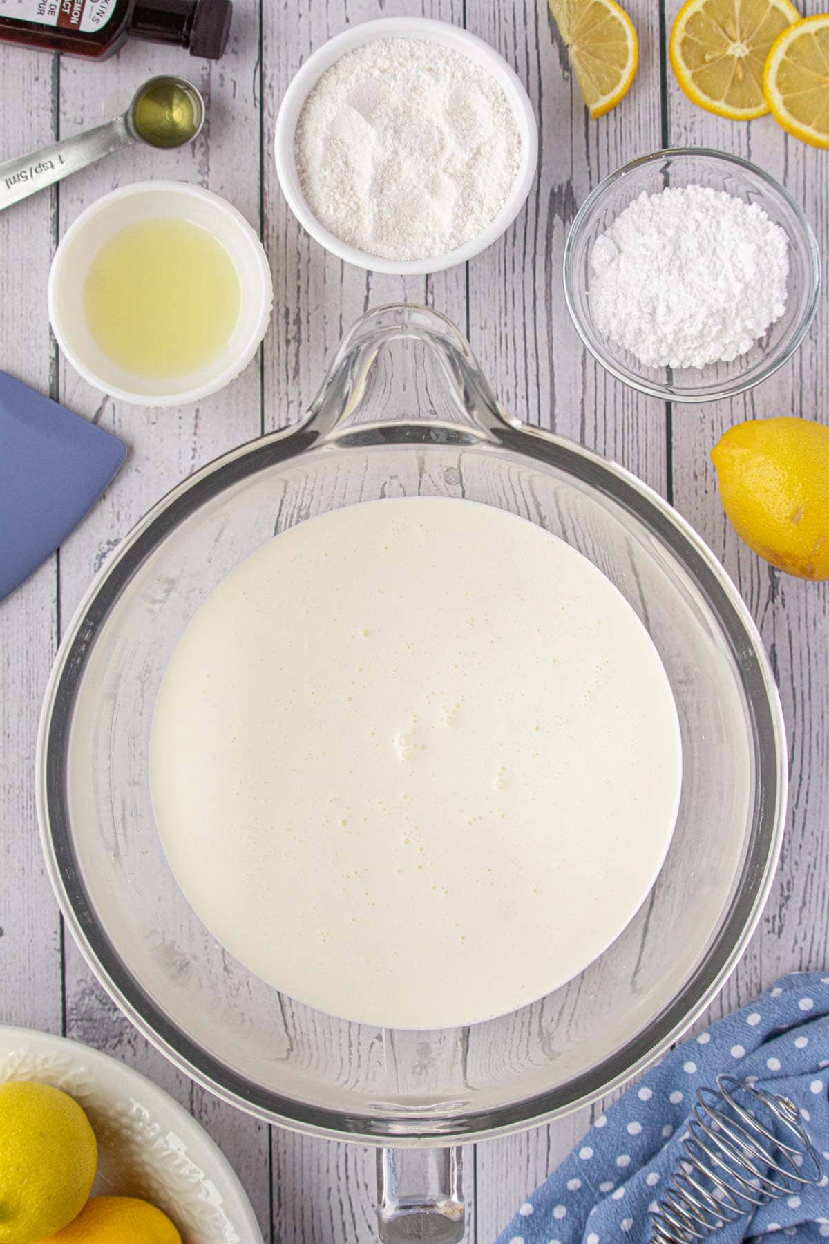 Heavy cream in a chilled bowl.