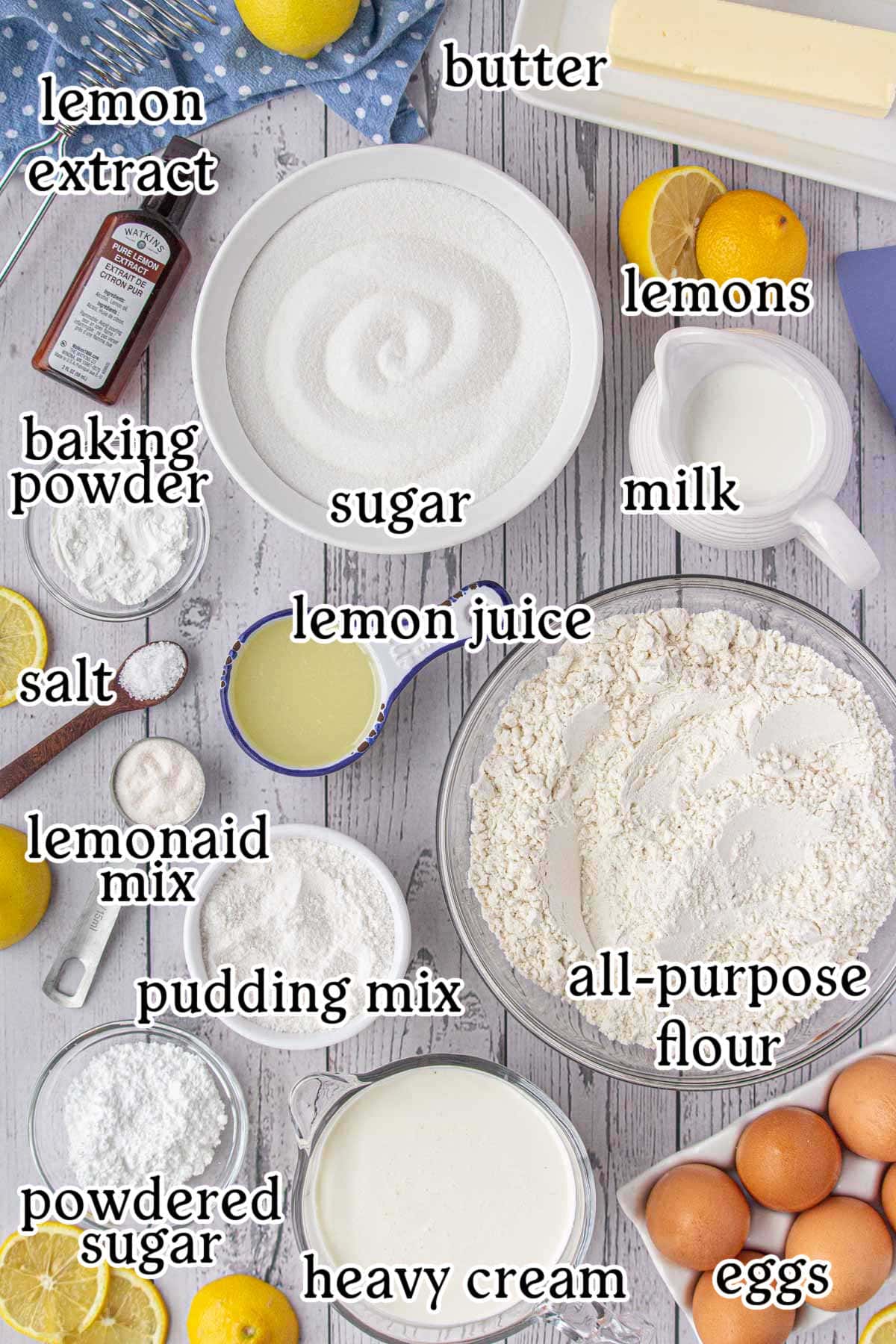 Labeled ingredients for moist lemon layer cake.