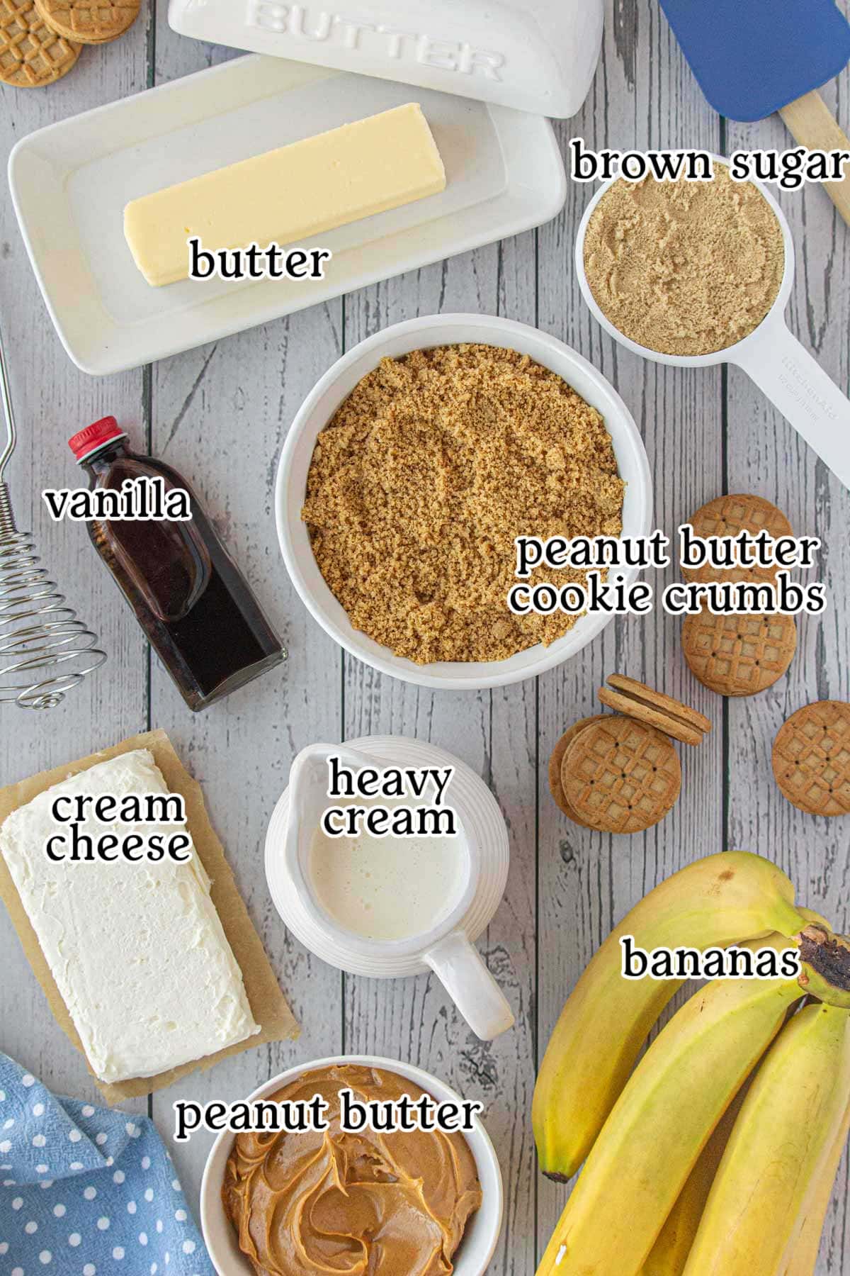 Labeled ingredients for peanut butter banana icebox pie.