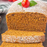 Sliced tomato cake with title text overlay for Pinterest.